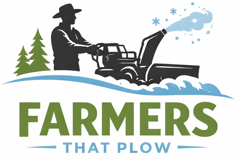Logo for 'Farmers That Plow,' featuring a silhouette of a farmer operating a snowplow with snowflakes and pine trees.